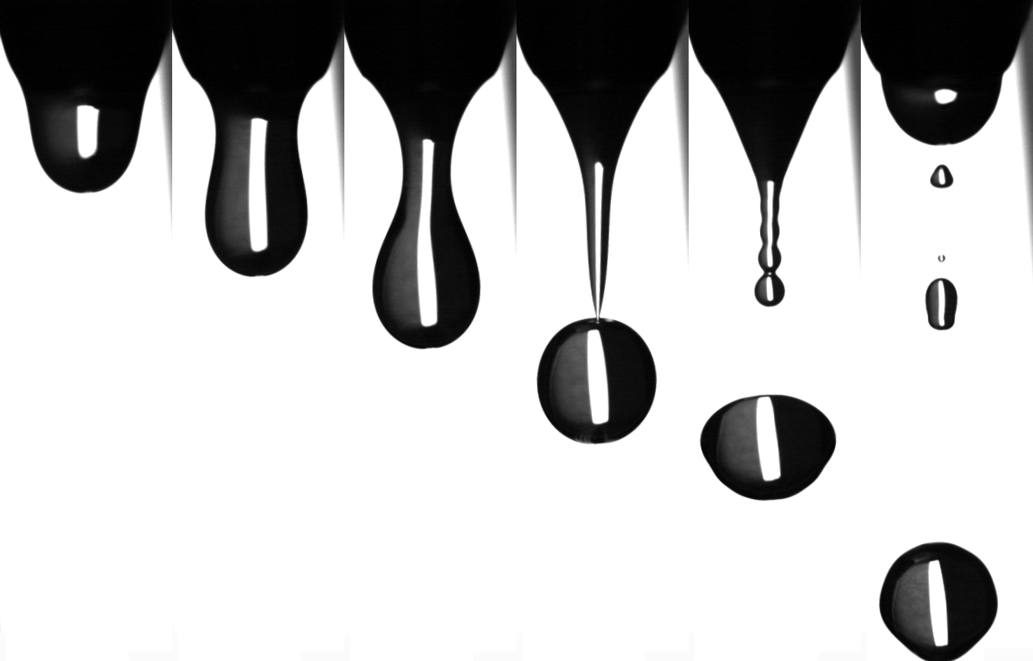 Time sequence images during the dripping of a water droplet from a laboratory tap showing pendant droplet formation, extension, pinch-off, recoil and thread breakup.
