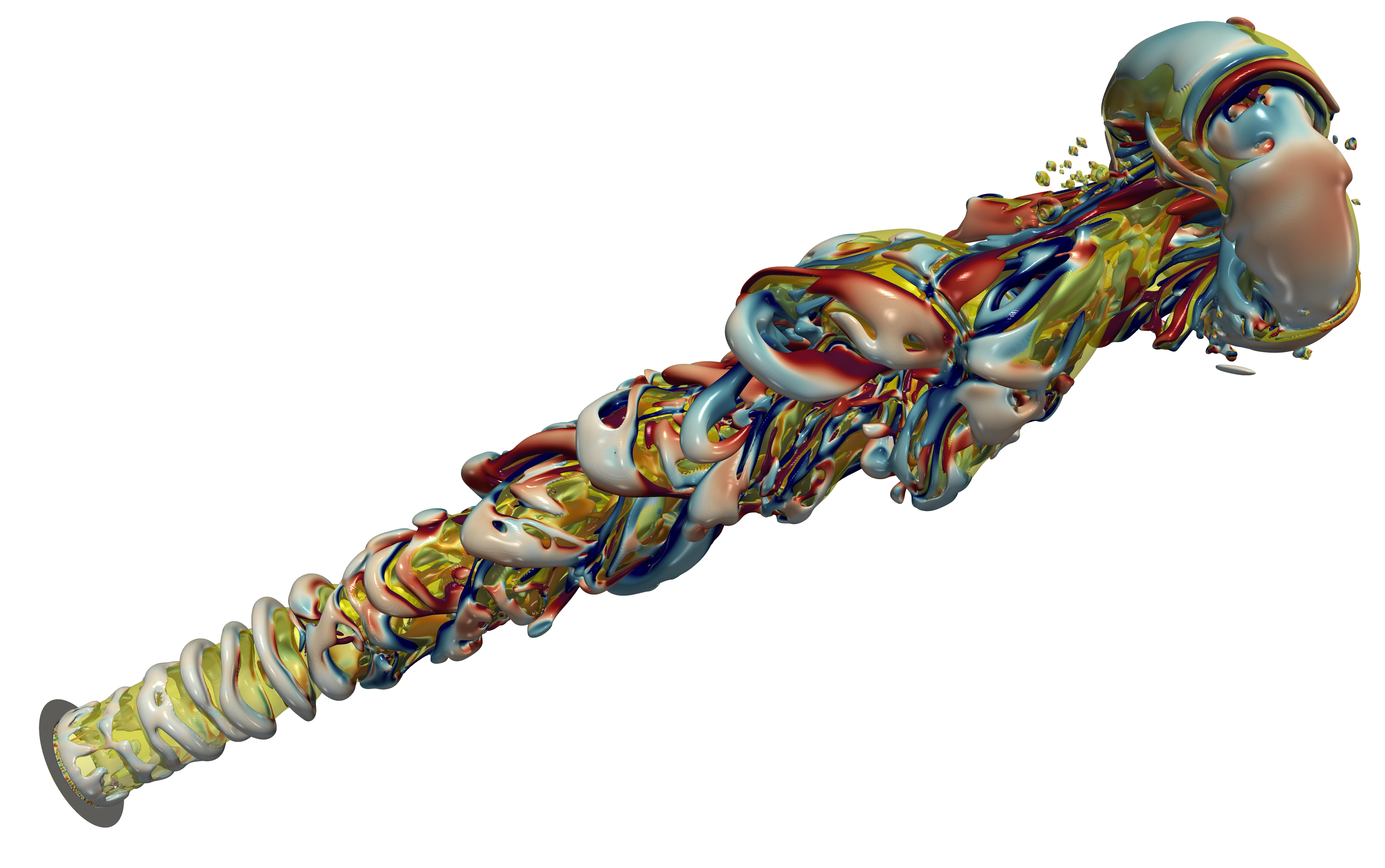 The break of fluid jets is a canonical problem in interfacial singularity two-phase flows due to topology changes. The atomisation regime is difficult to characterise experimentally due to its chaotic and stochastic behaviour due to turbulence. Hence, we have performed three-dimensional Direct Numerical Simulations of turbulent liquid jets (Re ~6520) ensuring that we resolve all the turbulent scales. We observe Kelvin-Helmholtz vortices which deform to hairpin vortical structural close to the interface, visible in the figure.
