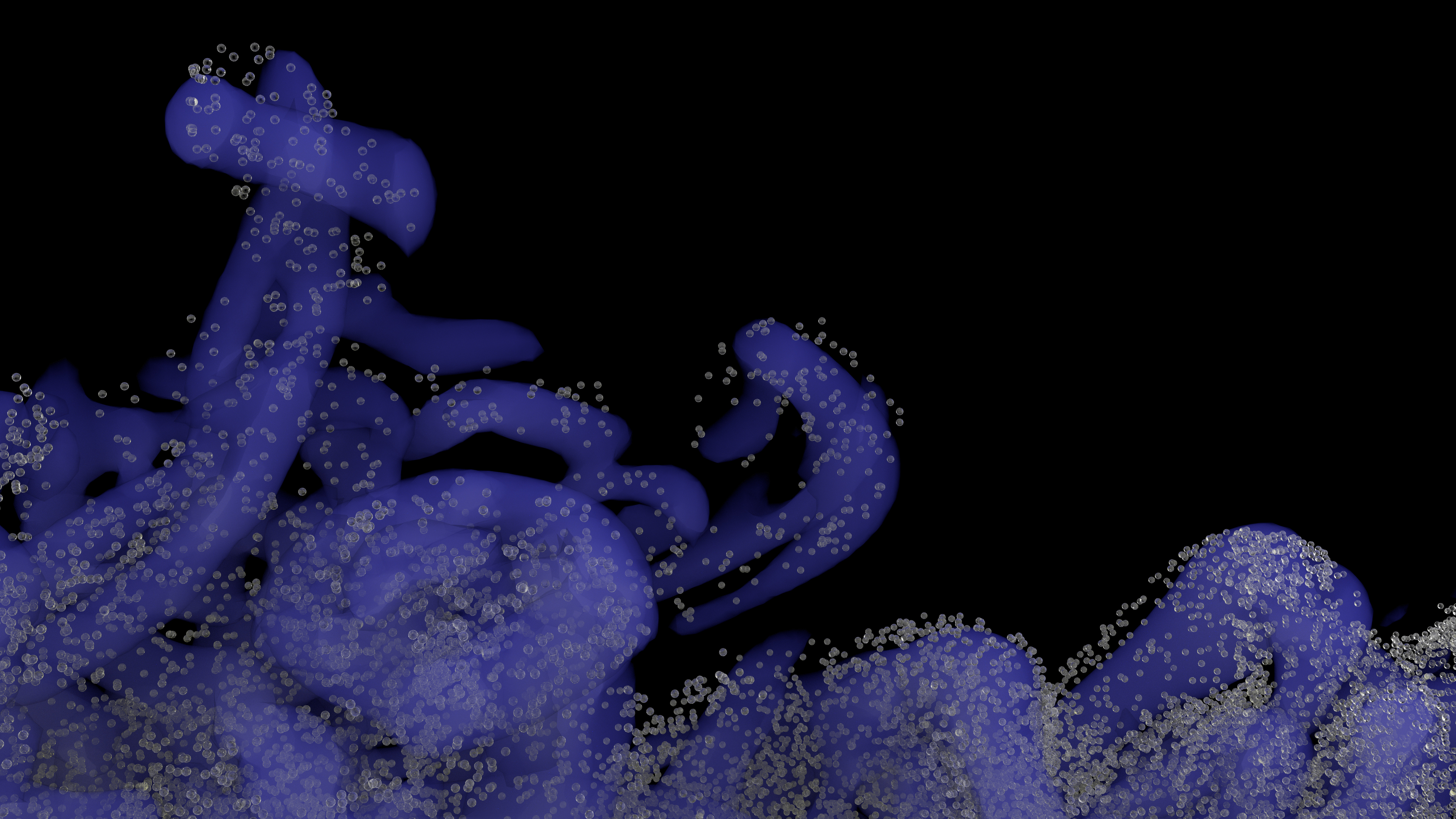 <p>Droplet nuclei transmit to wider environments as turbulent flows interact with quiescent conditions. This image shows hairpin vortex structures stretch and break away intermittently at a turbulent/non-turbulent interface, sending droplet cargo further afield. This was taken using a planar jet simulation at Re=10,000, St=1, and resolved to the Taylor microscale.</p>
