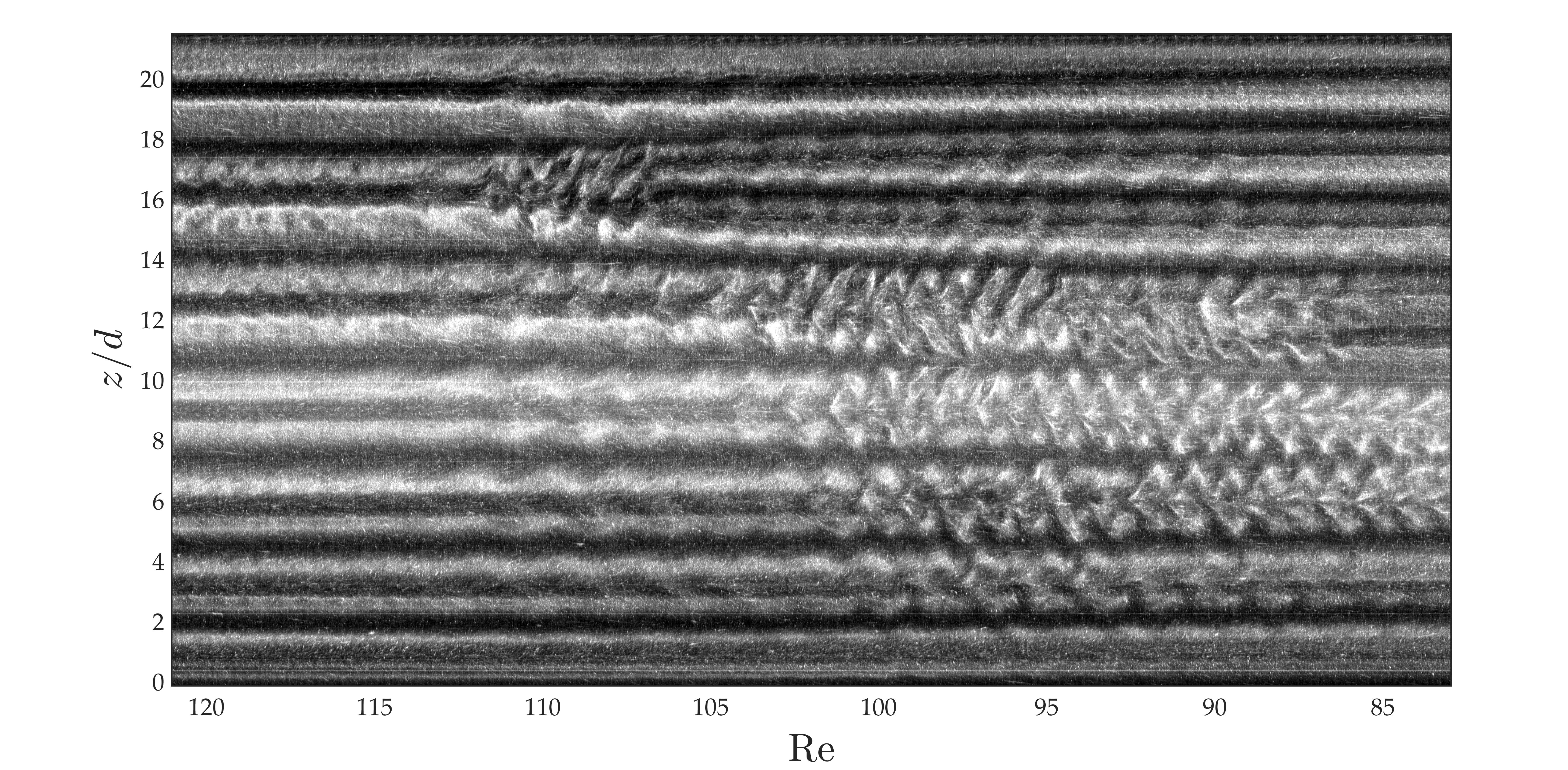 Taylor-Couette flow of a shear-thinning and viscoelastic polymer solution is visualised using white light and a small quantity of mica flakes. As Reynolds number is slowly decreased, vortices spontaneously split and form new pairs. The image is formed by compiling slices of the flow acquired continuously as the cylinder decelerates.
