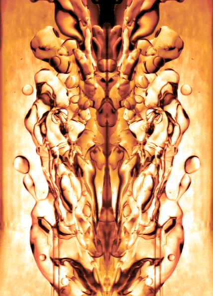 The colour-enhanced high-speed image illustrates a high velocity water jet breaking a stream of kerosene by inducing waves, which can cause oil ligament breakup and drop detachment. The mirrored images of these generated waves can have forms, which to the pattern-seeking human eye can transform into familiar yet unexpected figures.