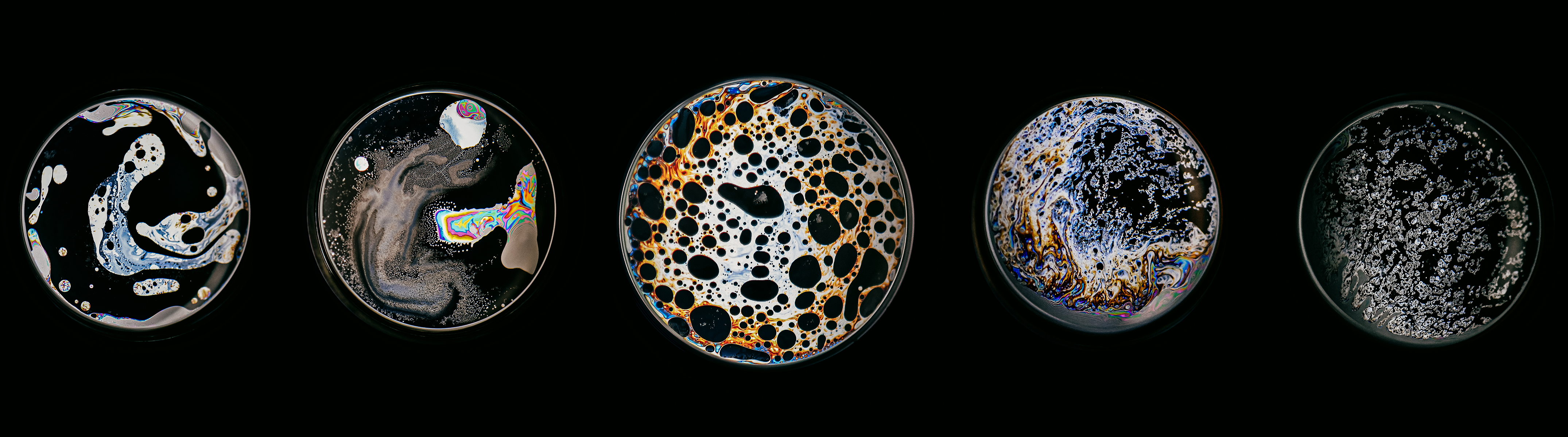 All thin films investigated contain water and surfactant as base ingredients, and varying amounts of glycerol and ferrofluid. The film patterns observed are greatly influenced by the composition and whether an external magnetic field is applied to the ferrofluid-based thin films. The images have been enhanced.
