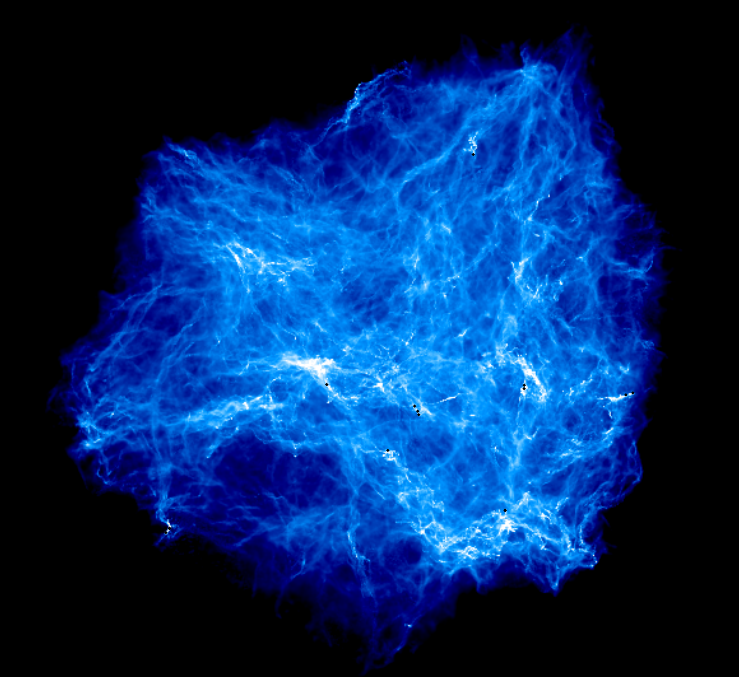 This image is a projection of a 3D simulation of a massive gas cloud (tens of thousands times the mass of our Sun). The brighter regions indicate more dense areas where the gas is collapsing under gravity, and the black dots are where this chaotic collapse has created a star.
