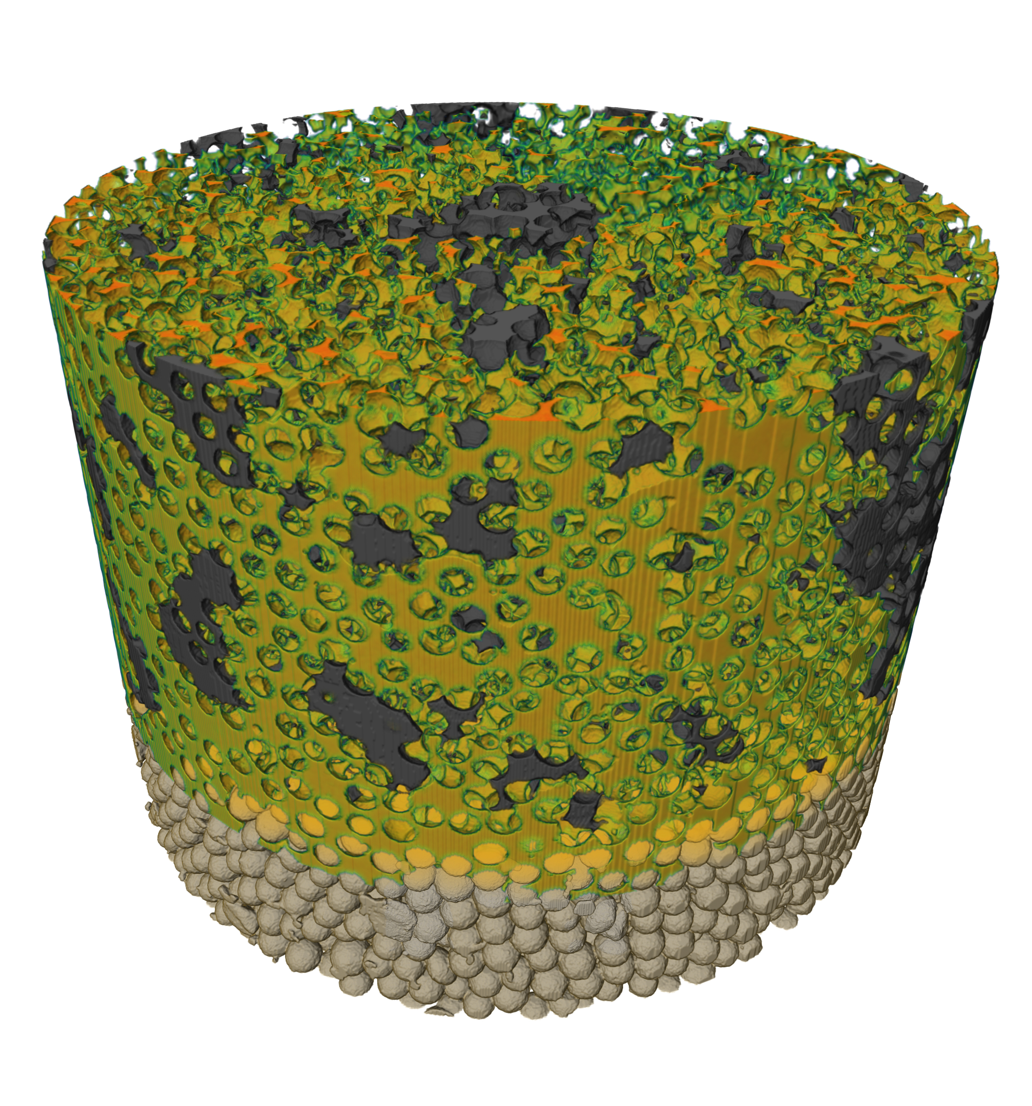 <p>This image illustrates the first segmented micro-CT X-ray image from the dynamics of solute (KI solution) transport in a glass-bead packing filled with oil (dark grey) and water. The X-ray image has been taken in I12 beamline in Diamond Light Sources at a spatial resolution of 3.25 microns and time resolution of 6 seconds. Results of the research have been recently published in PNAS https://www.pnas.org/content/early/2020/09/03/2011716117.</p>
