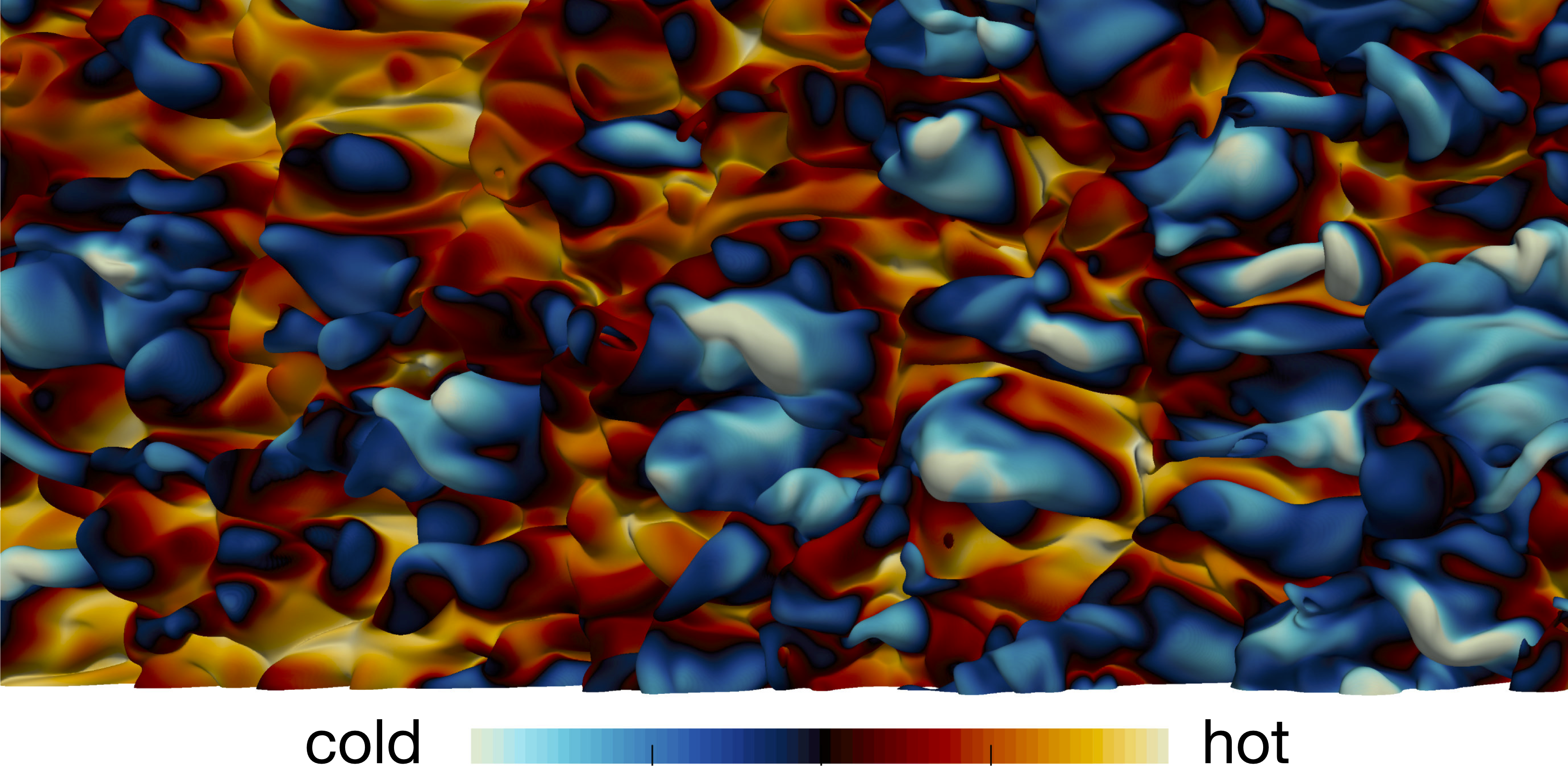 The original picture (without any rendering) shows flame holes (view on top of the center-plane) in a reactively, temporally evolving mixing layer. The fuel stream (Z=1) is composed of 50% CO, 10% H2 and 40% N2 by volume, and the oxidizer stream (Z=0) is composed of 25% O2 and 75% N2. The stoichiometric mixture fraction is Zst=0.42. The reference Reynolds number is 9075. More details can be found in https://doi.org/10.1016/j.combustflame.2019.04.038.
