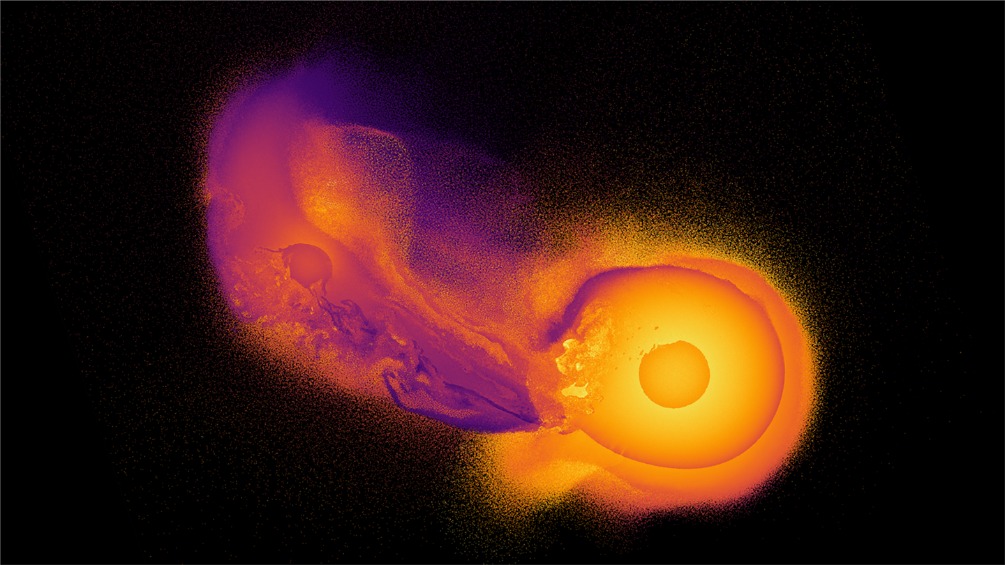 An SPH simulation of the giant impact of a protoplanet twice the mass of Earth crashing into the young Uranus, thought to explain the planet's unique tilted spin, using an unprecedented 100,000,000 simulation particles - 1000 times more than the current standard - coloured by their thermal energy.
