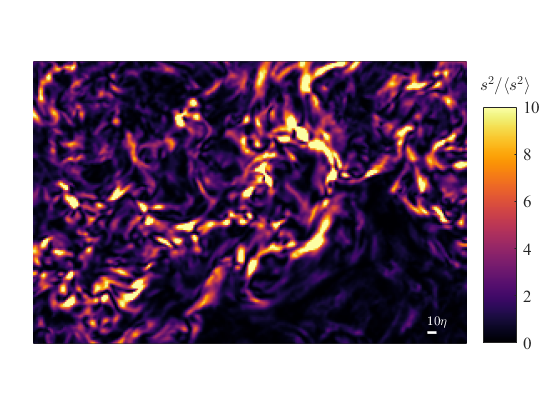 This image is constructed from planar particle image velocimetry data obtained in a zero-mean turbulence box facility (Re_lambda = 250) and processed to a vector resolution equal to 1.5 times the Kolmogorov scale. The projected strain-rate field, calculated as the square of the symmetric part of the reduced velocity gradient tensor, reveals beautiful patterns indicative of small scale turbulence.
