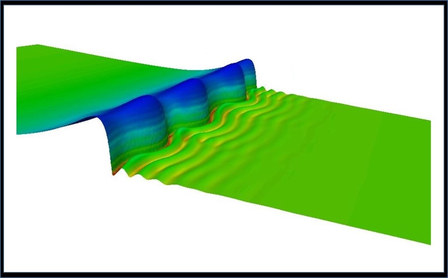 A snapshot from a three-dimensional direct numerical simulation of a falling liquid film with inlet forcing is shown. The wave structure shows a large solitary hump preceded by series of front-running capillary ripples and succeeded by a long flat tail. The film Reynolds number is 100. The simulation has been carried out with 56 cores.