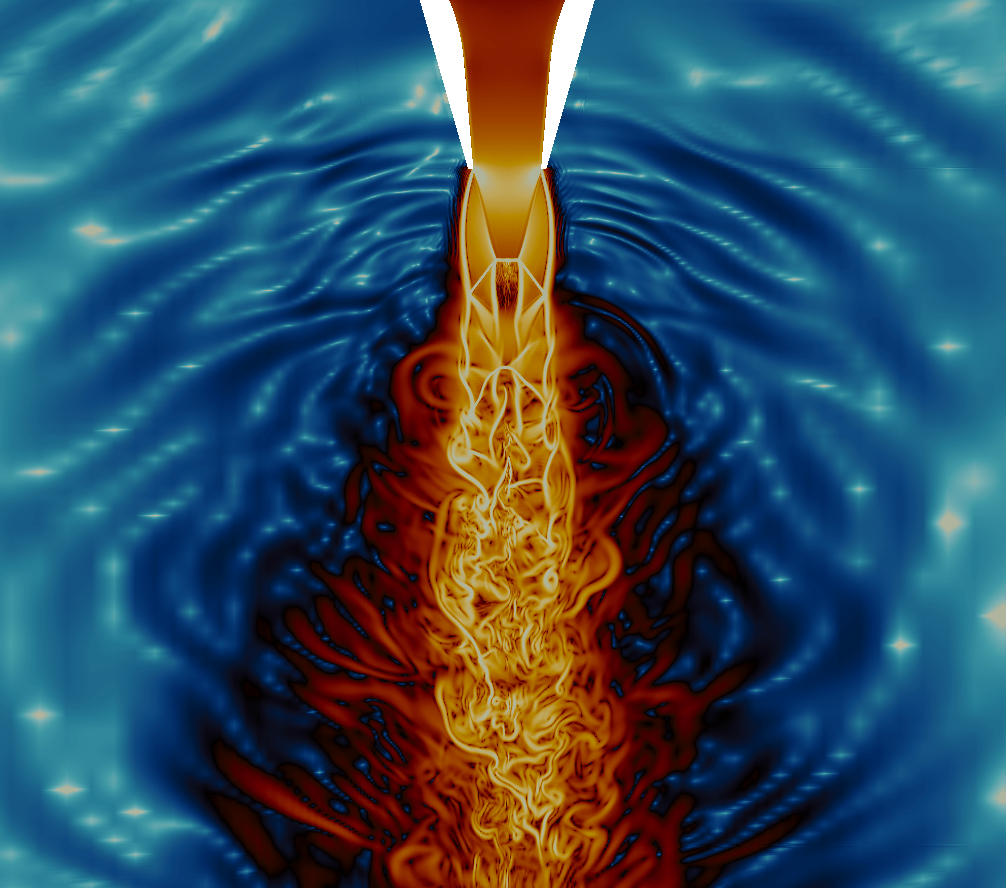 Density gradient magnitude reproduced by large eddy simulation of an under expanded air jet issued from a circular nozzle with an exit diameter of 12.7 mm and a pressure ratio of 5. Prandtl-Meyer expansion fans, Mach reflection, annular shear layers, propagating pressure waves, shocklets-shear interactions and turbulent mixing are visualised.