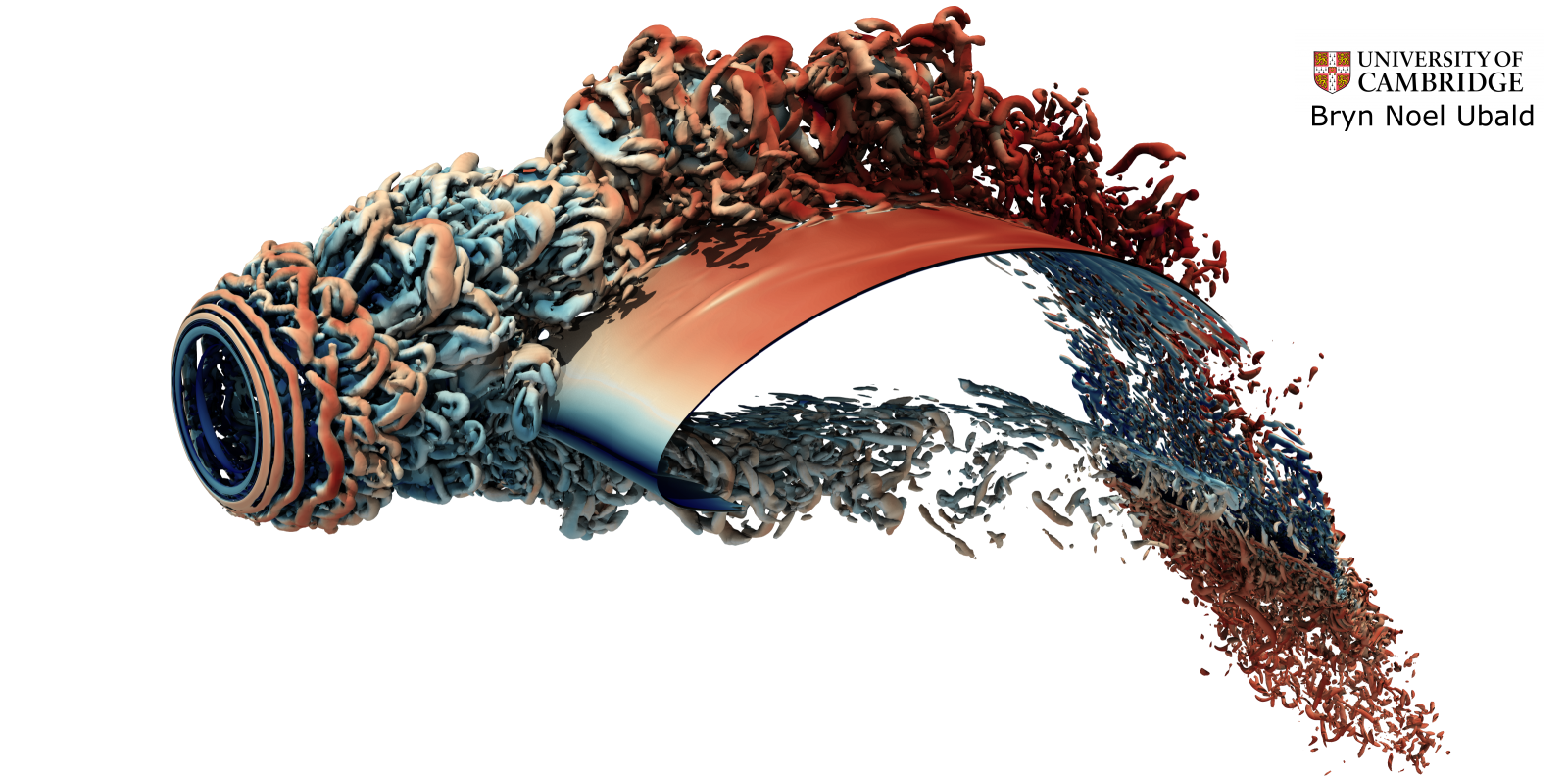 A snapshot of a high-fidelity CFD simulation of a low pressure turbine blade with a leading edge probe.
