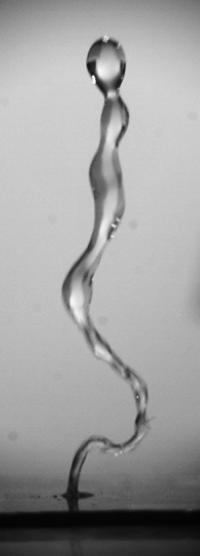 This is an image captured from a high speed video showing jetting behaviour of a 5uL water droplet induced by ZnO surface acoustic waves (two waves from both sides). The vertical jetting is induced by sub-nanometre amplitudes of surface acoustic waves propagating on a ZnO coated silicon device, interacting with water droplet from both sides. Before the liquid beam breaks up, it forms a shape of crystal snake-like structure.
