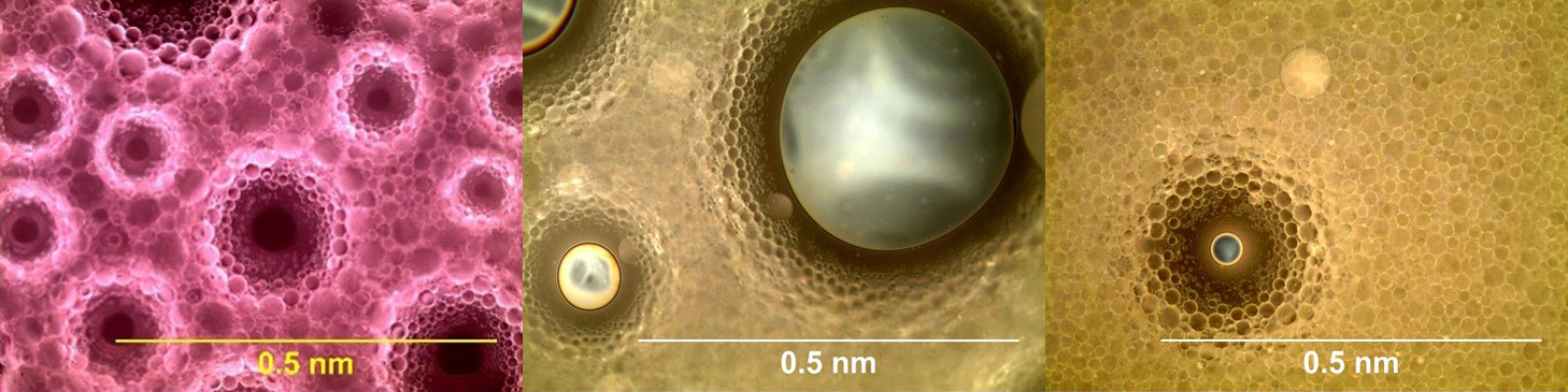 Droplets evolution of the PVA (polyvinyl alcohol) - Rapeseed oil (Photo 1) emulsion after 20 mins from formation and, phase 1 (Photo 2) and phase 2 (Photo 3) droplets of the PVA-Olive oil emulsion, after 80 mins from emulsion formation. Origin: Optical Microscope Nikon Eclipse Lvision, mag20x, enhanced in ImageJ software.
