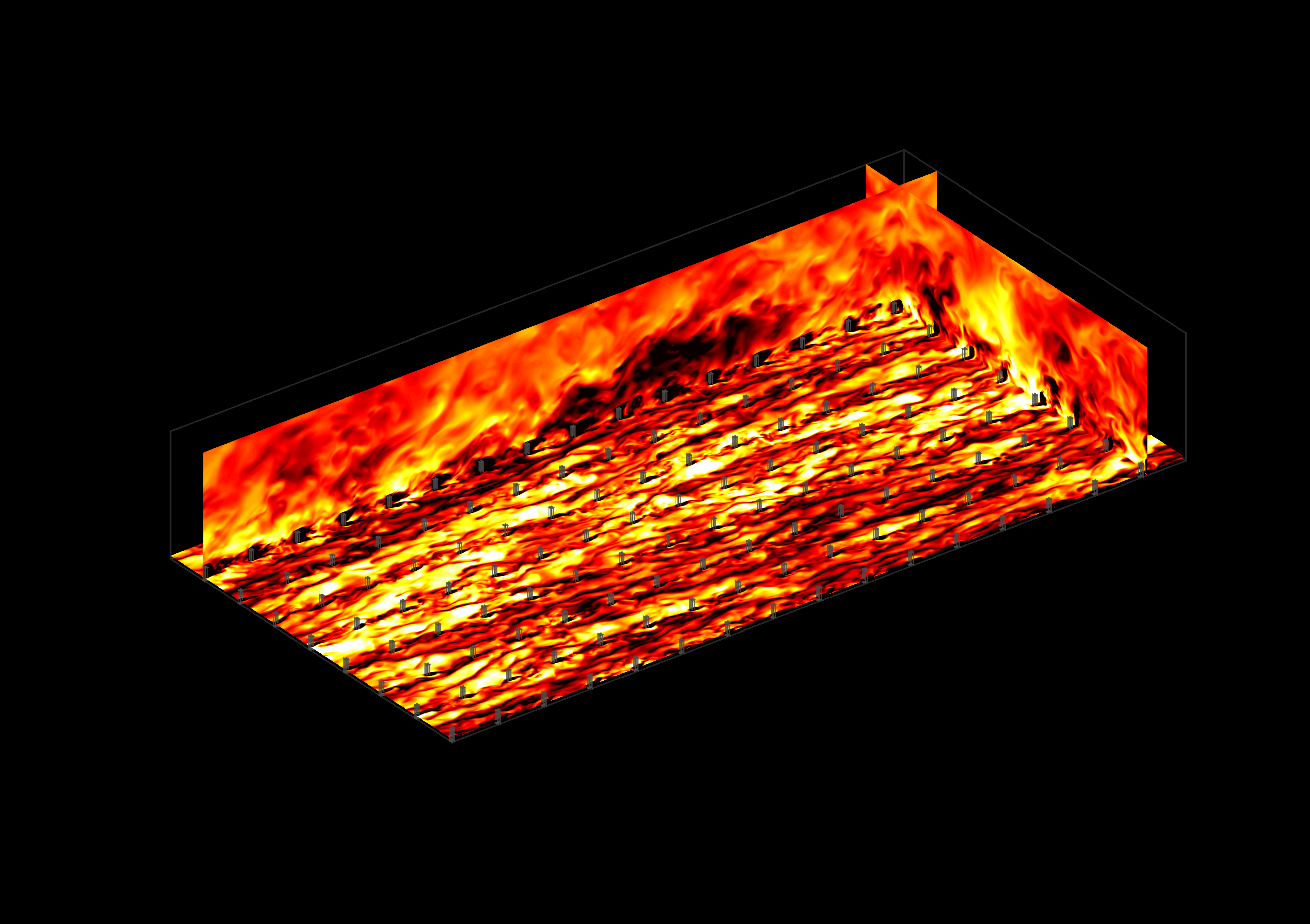 Realisations of the streamwise turbulent fluctuations over a sparse canopy obtained from a direct numerical simulation.
