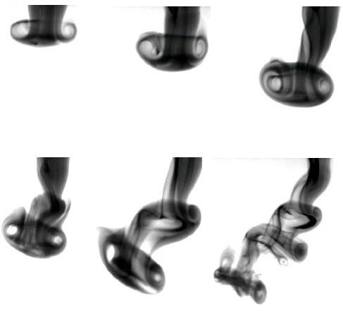 Dye visualisation of the formation of a synthetic jet in water (top left to bottom right), whose non-dimensional stroke length exceeds the circulation limit of the primary vortex. Consequently, excess circulation is shed resulting in an unstable shear column, followed by the roll-up of secondary (and tertiary) vortices. Composite image; not enhanced.