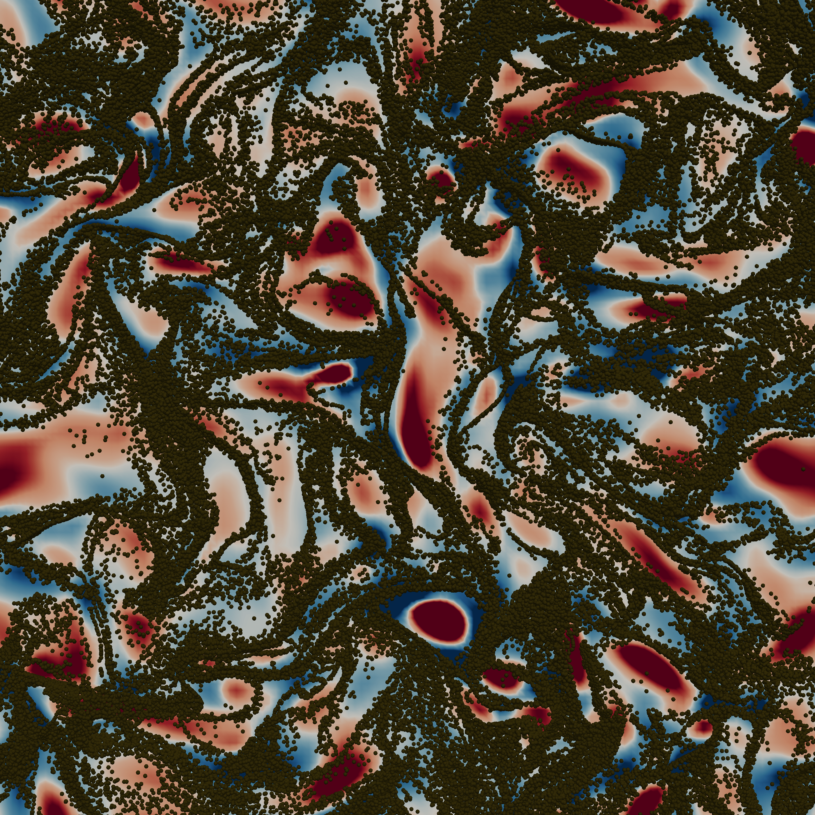 <p>Slice from a 3D two-way coupled DNS homogeneous isotropic turbulent flow containing 20 million solid particles. The background represents the Okubo-Weiss parameter, with particles avoiding red zones (vorticity overwhelms strain) and concentrating in the blue regions (the opposite). Taylor Reynolds is 35.4, Stokes 0.4 and mass loading 0.5.</p>

